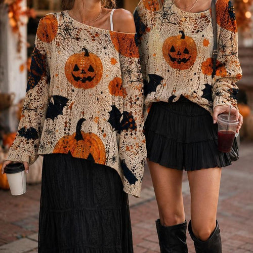 Pumpkin & Bats Open-Knit Sweater