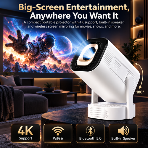 4K Portable Projector - WiFi 6, Bluetooth - Ceiling Movie Mode